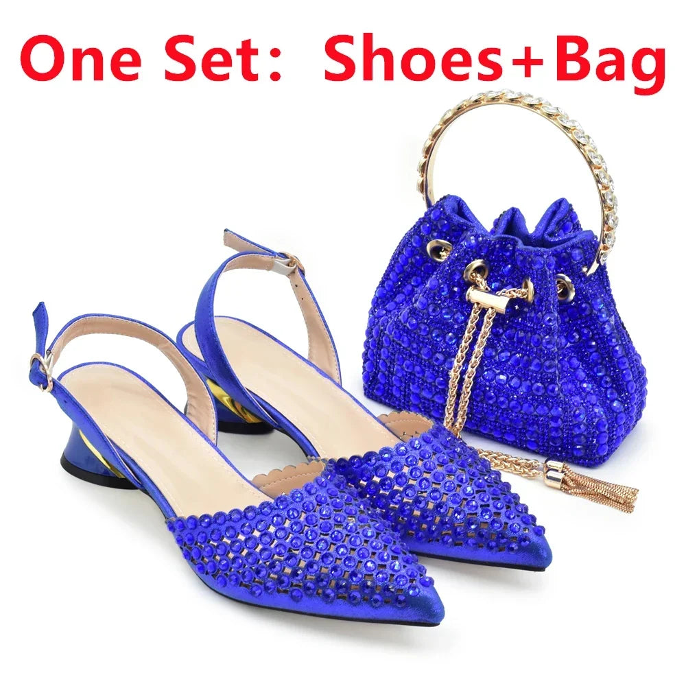 Italian Shoes with Matching Bags Set Decorated with Rhinestone African Shoes for Women Mid Heels Party Pumps  Plus Size Heels 43