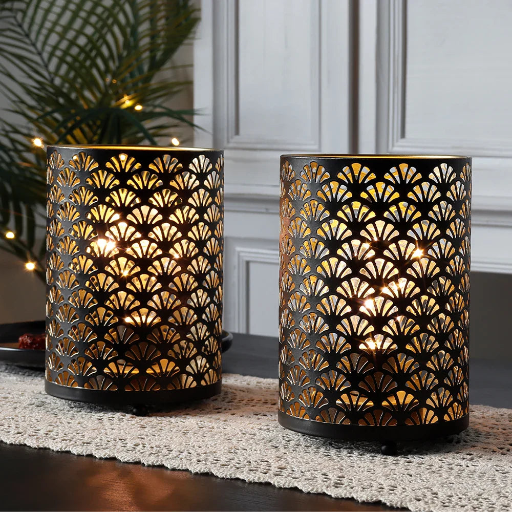 2Pcs Black Metal Table Lamp LED Lantern Battery Powered Lights Cordless