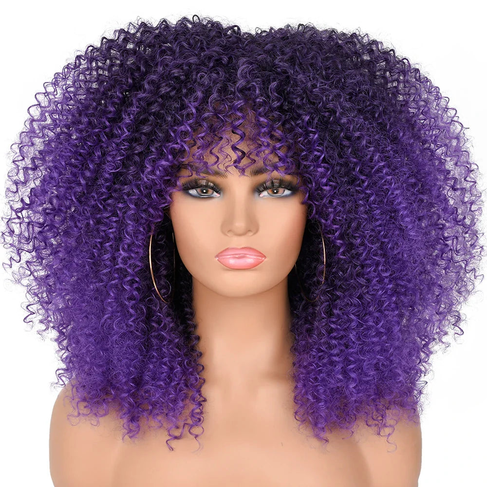 Curly Afro Wigs for Black Women Short Curly Wig with Bangs Kinky Curls Curly Hair Synthetic Wigs for African American Women