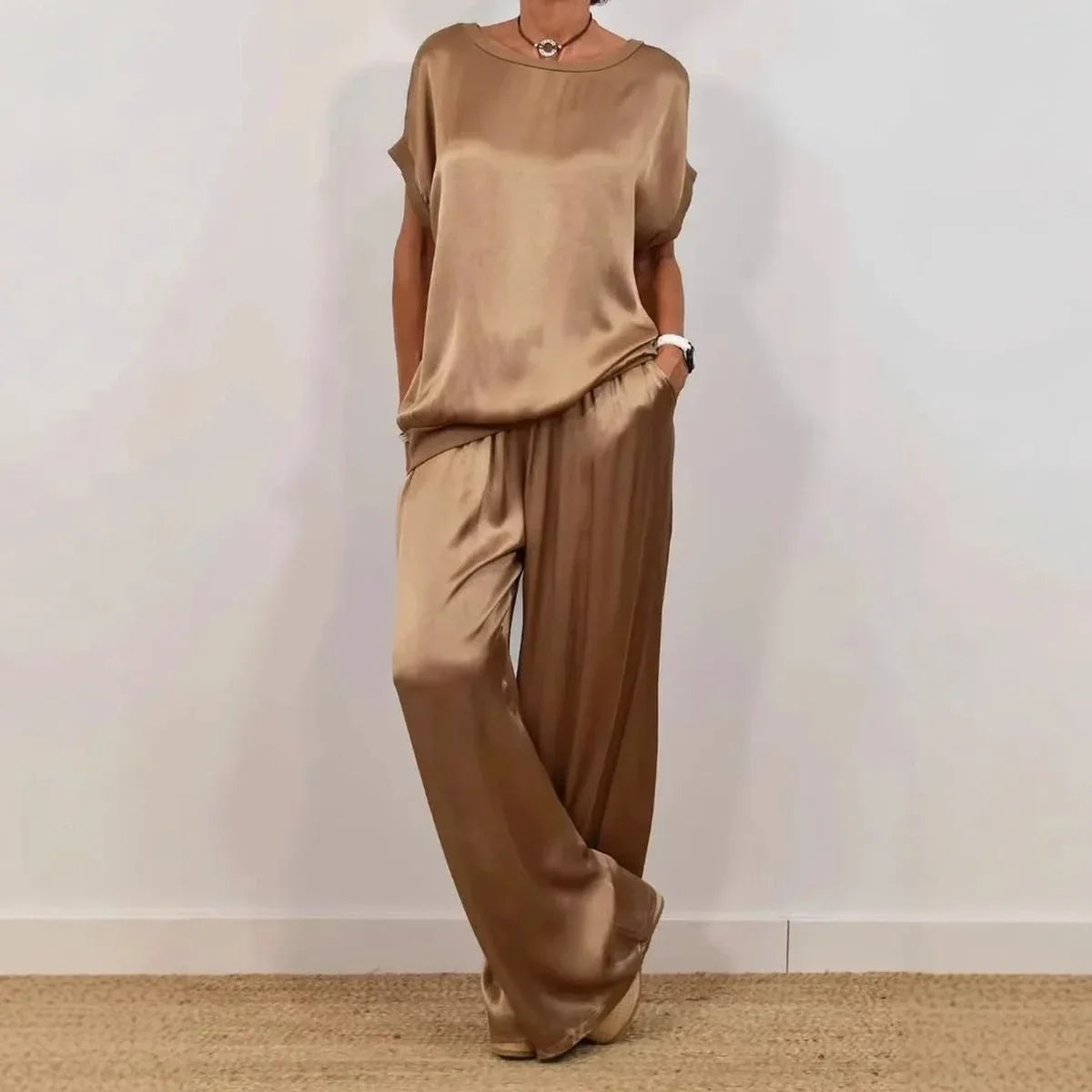 Casual Loose Satin T Shirt Pants Two Piece Sets Women Fashion O-neck Short Sleeve T Shirts Suit Spring Summer Wide Leg Pant Sets