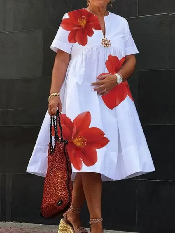 Modigirl Plus Size Casual Midi Dress for Women 2025 Summer Deep V-Neck Flower Printed Loose Short Sleeves Shirt Dress for Ladies