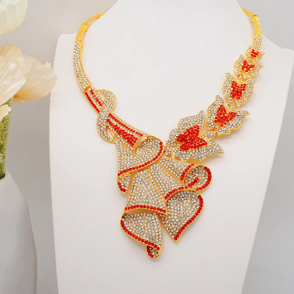 Latest Italian Dubai Gold Color Ladies Full Crystal Necklace Jewelry Set Simple Ring Bracelet Earrings African Jewelry Wedding