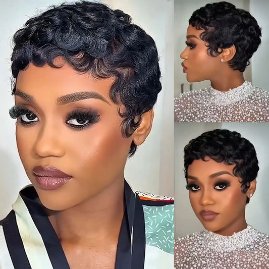 Curly Remy Human Hair Pixie Cut Short Wigs For Women