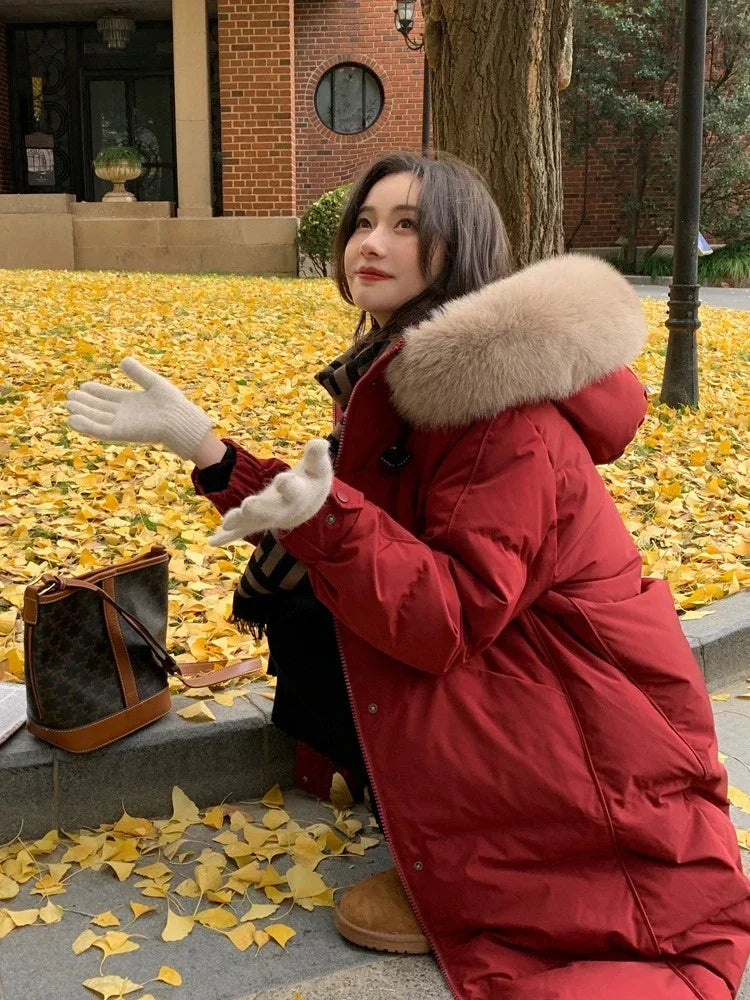 Women's Large Fur Collar Hooded Warm Thick Padded Parka Jacket