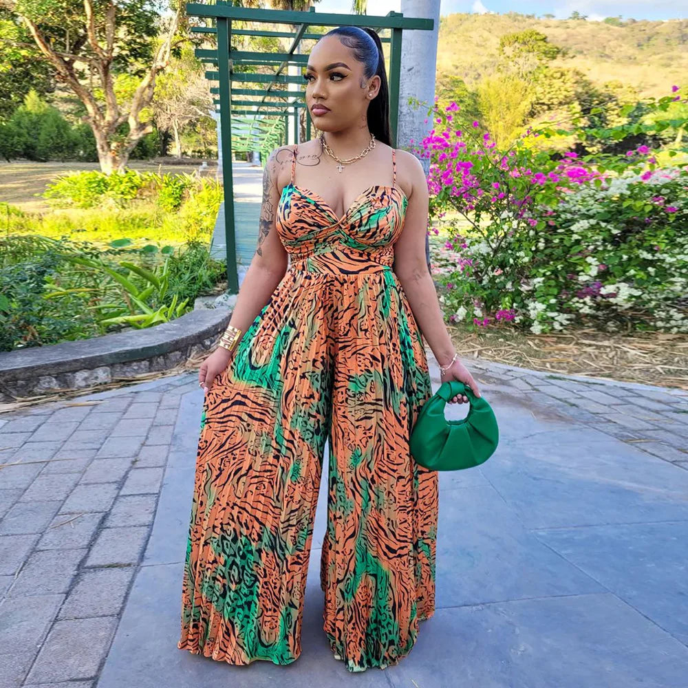 CM.YAYA Women Leopard Spaghetti Strap Loose Wide Leg Sleeveless Jumpsuit 2023 Summer Street Playsuit One Piece Suit Romper