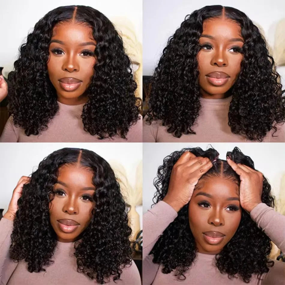 Natural Black Color Short Bob Cut 13X4  Lace Frontal Synthetic Wig For Women Deep Curly Preplucked With Baby Hair Cosplay Daily