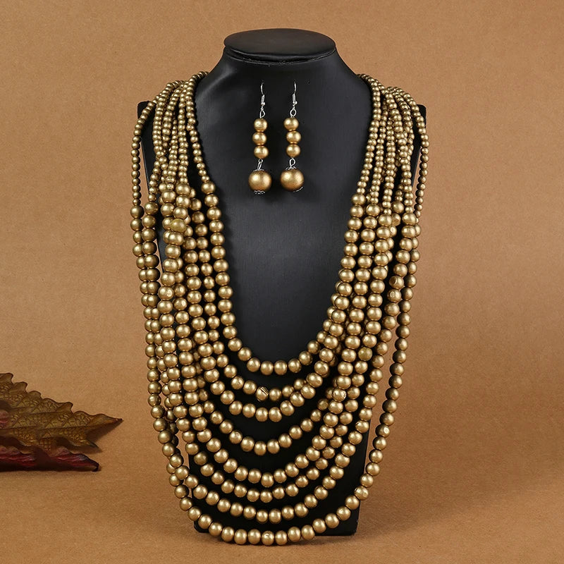 1SET African Style Multi-Layer Wooden Bead Jewelry Set Chokers Necklace Colorful Bohemian Necklace Earrings Set Party Jewelry