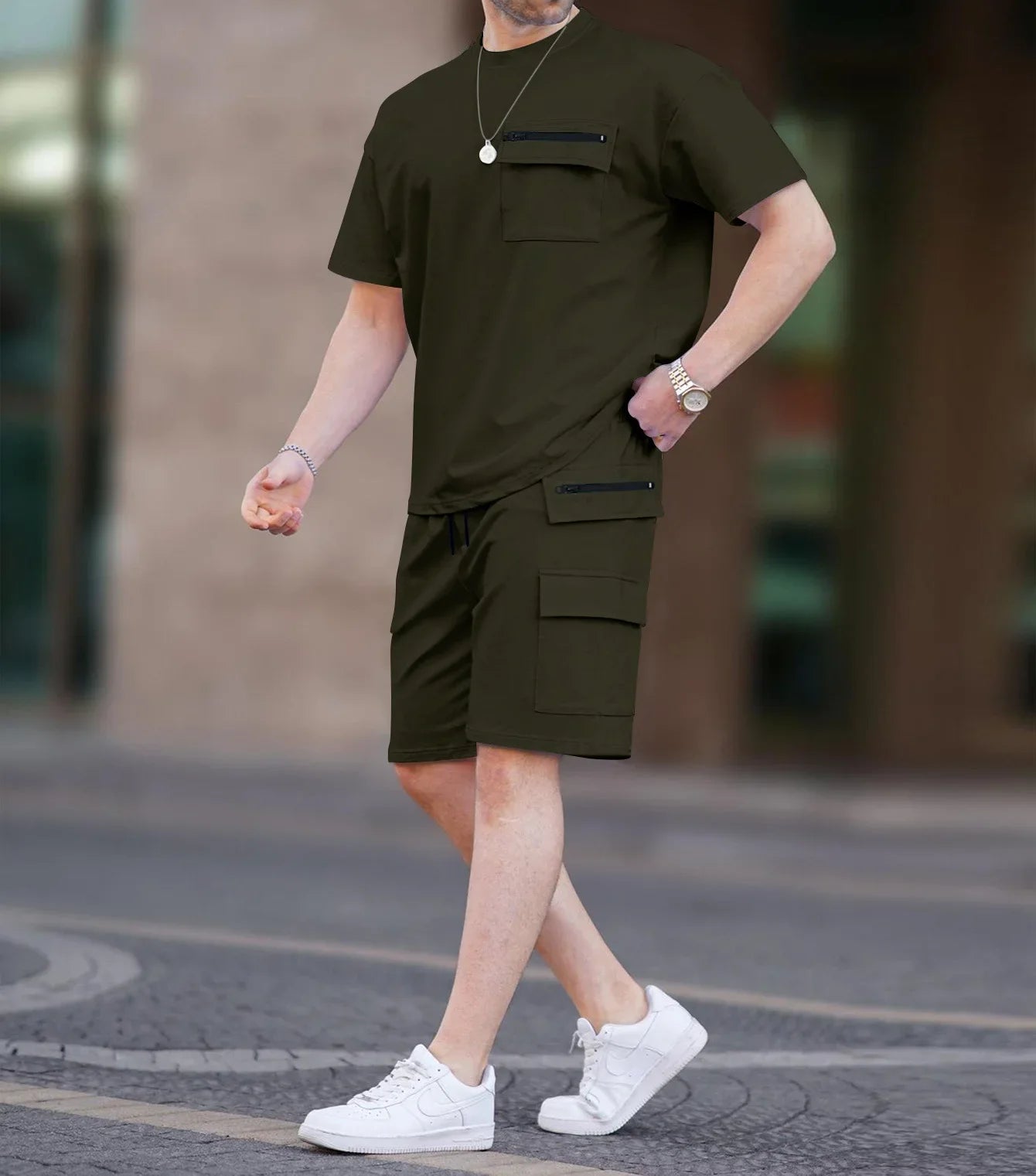 Summer 2025 Men's Short Sleeve Multi-Pocket Utility T-Shirt Shorts Casual Set for Western Europe and America