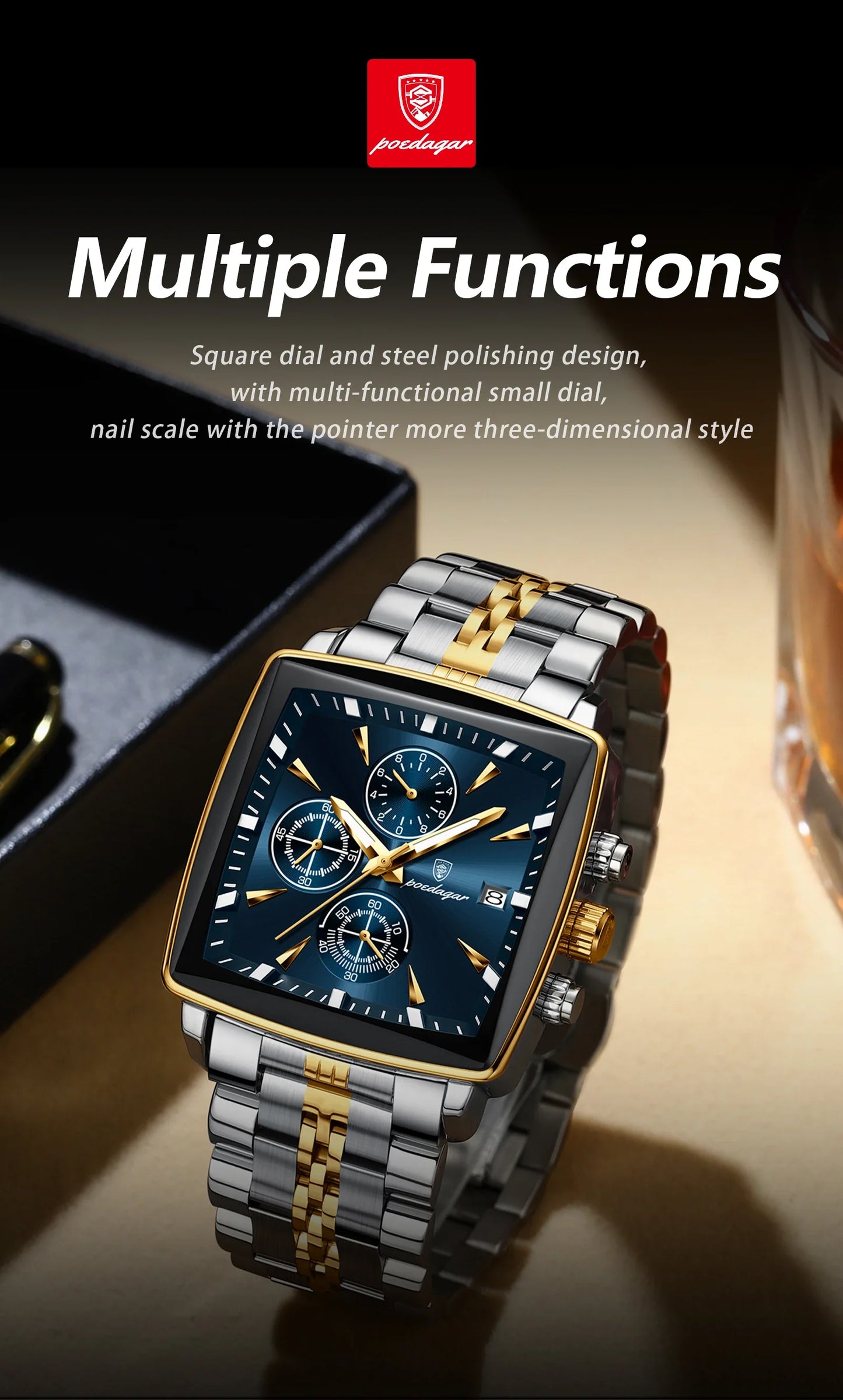 Fashion Men Watch Luminous Waterproof Chronograph Date Man Wristwatch Square Stainless Steel Quartz Men's Watches Reloj