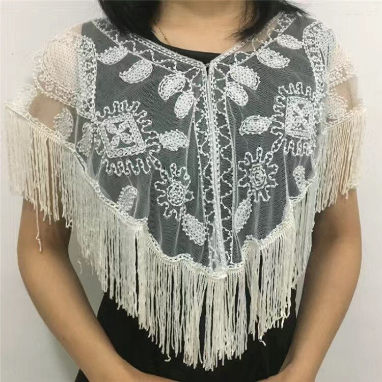 Women 1920s Sequined Shawl with Tassels Beaded Pearl Fringe Sheer Mesh Wraps