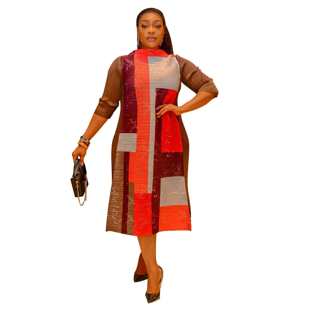 2023 Fashion African 3/4 Sleeve Polyester Plus Size O-Neck Pleated Long Dress Dashiki African Clothes African Dresses for Women