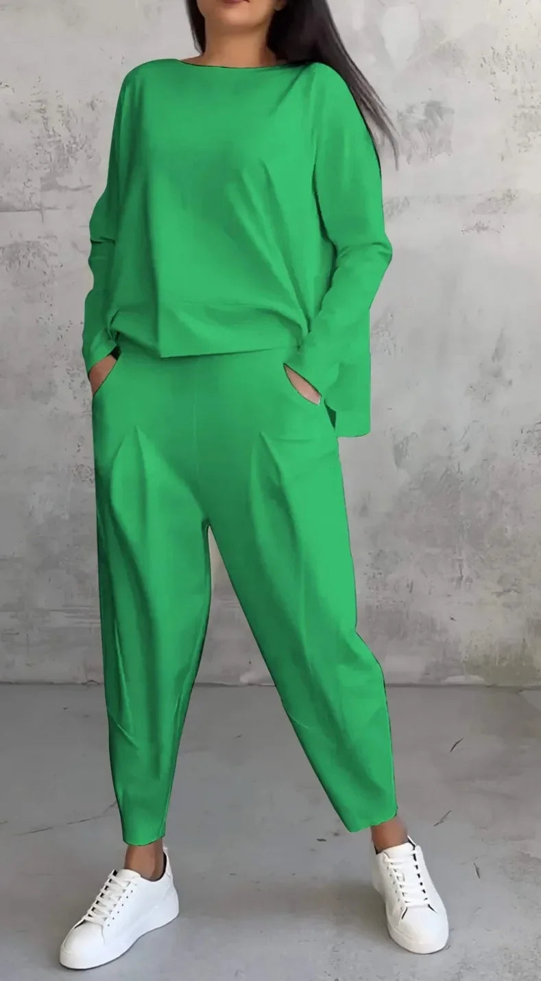 Women Two Piece Pant Sets Solid Full Sleeved Tops Round Neck Casual Midi Waist Long Pants Pockets Regular Elegant Lady
