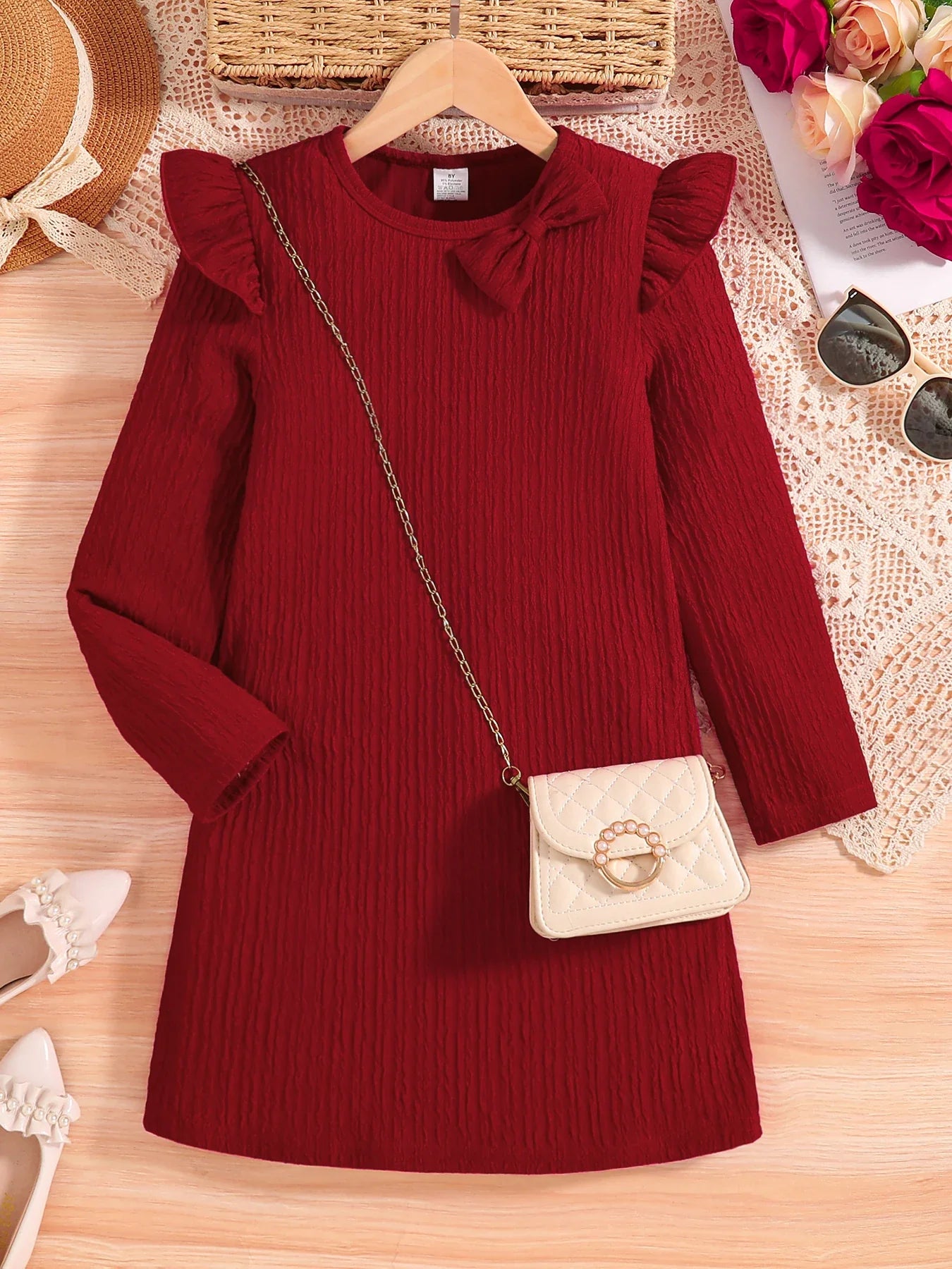 Girl's Autumn New Dress Casual Cute Red Knitted Dress Knee length Skirt Thin Breathable
