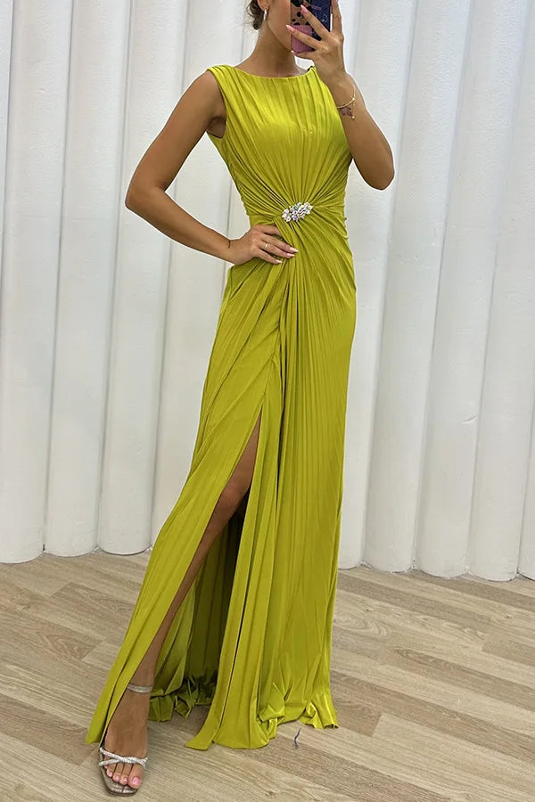 Women Sexy Dress New Sleeveless Solid Party Slim Empire Split Female Elegant Round Neck Fashion Long Clothing