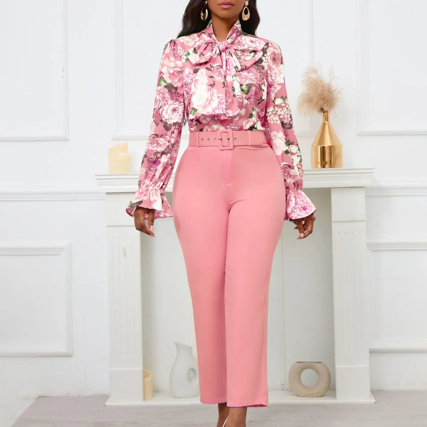 Fashion Print Two Piece Set Women Office Suits Tie Bow Neck Button Shirt + Belt Pencil Pants Elegant Slim Lady Sets Casual shirt