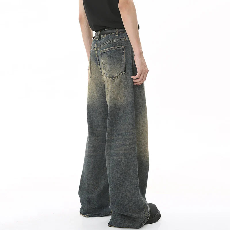 Men's Denim Pants Old Blue Washed Male Jeans Straight  Loose Wide Leg