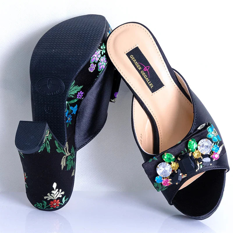 Fashion Women's Shoes High Heels Sexy Ladies Party Wedding Pattern Embroidery Mules High Heel Sandal Casual Beach Shoes For Lady