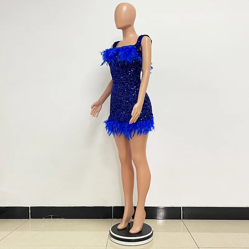 Spring And Summer Women's Clothing MINI Short Solid Color New Wind Sequins Halter Beach Dress One-word Shoulder Feathers Spice G