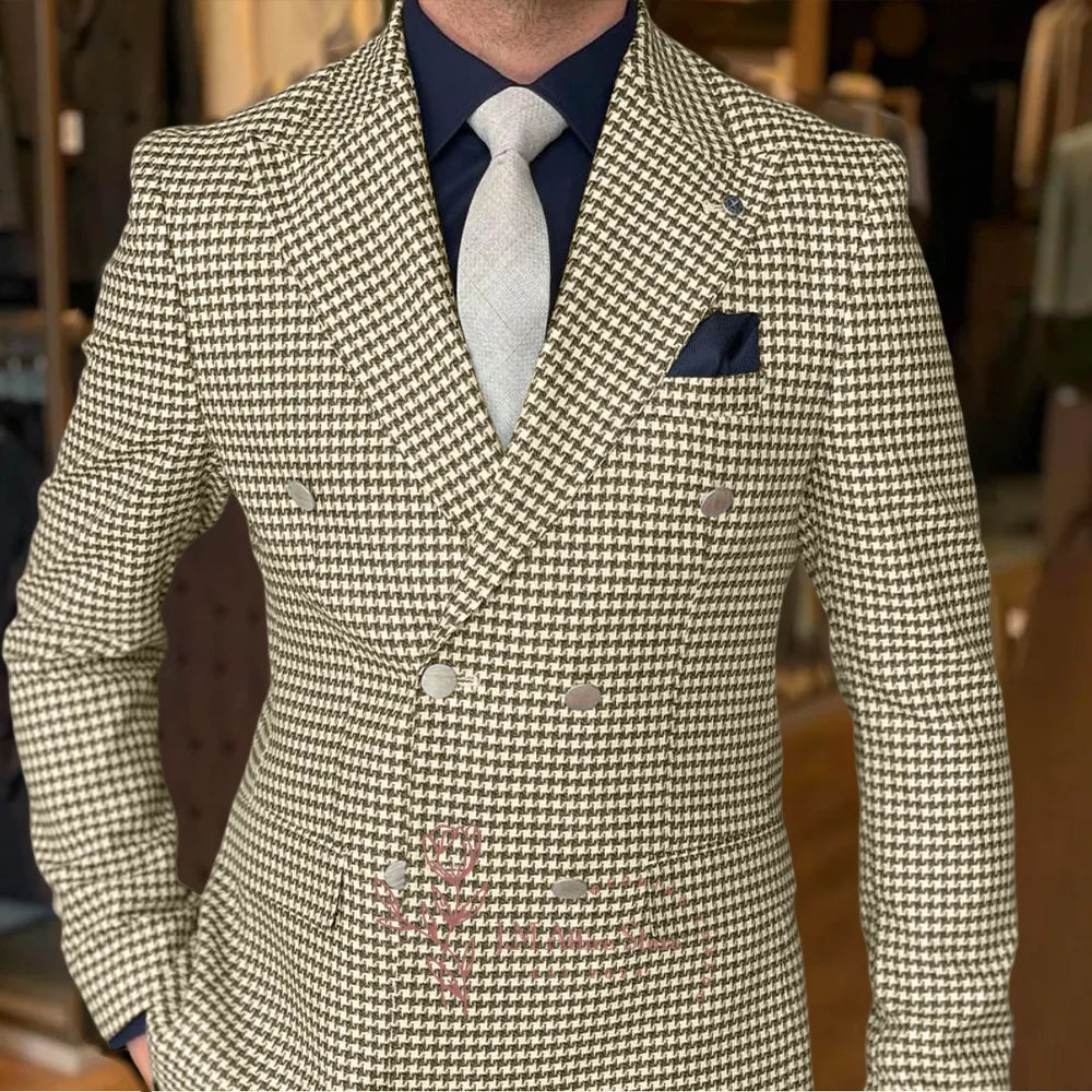 Men's classy jacket in white vintage houndstooth pattern peak lapel custom daily wear for birthday wedding prom Carnaval party