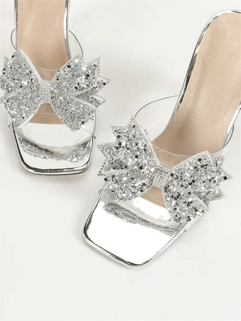 Liyke Fashion Silver Sequined Butterfly Knot Women Transparent Slippers Summer Square Toe Clear High Heels Sandals Female Shoes
