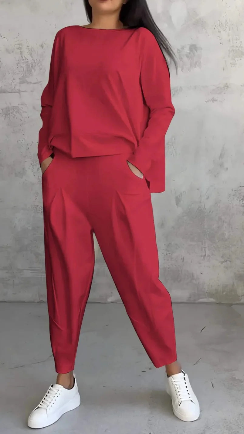 Women Two Piece Pant Sets Solid Full Sleeved Tops Round Neck Casual Midi Waist Long Pants Pockets Regular Elegant Lady
