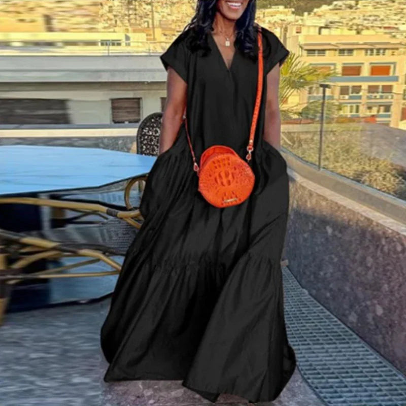 Plus Size Women Bohemian Dress Summer Sundress Solid Color Casual Short Sleeve Party