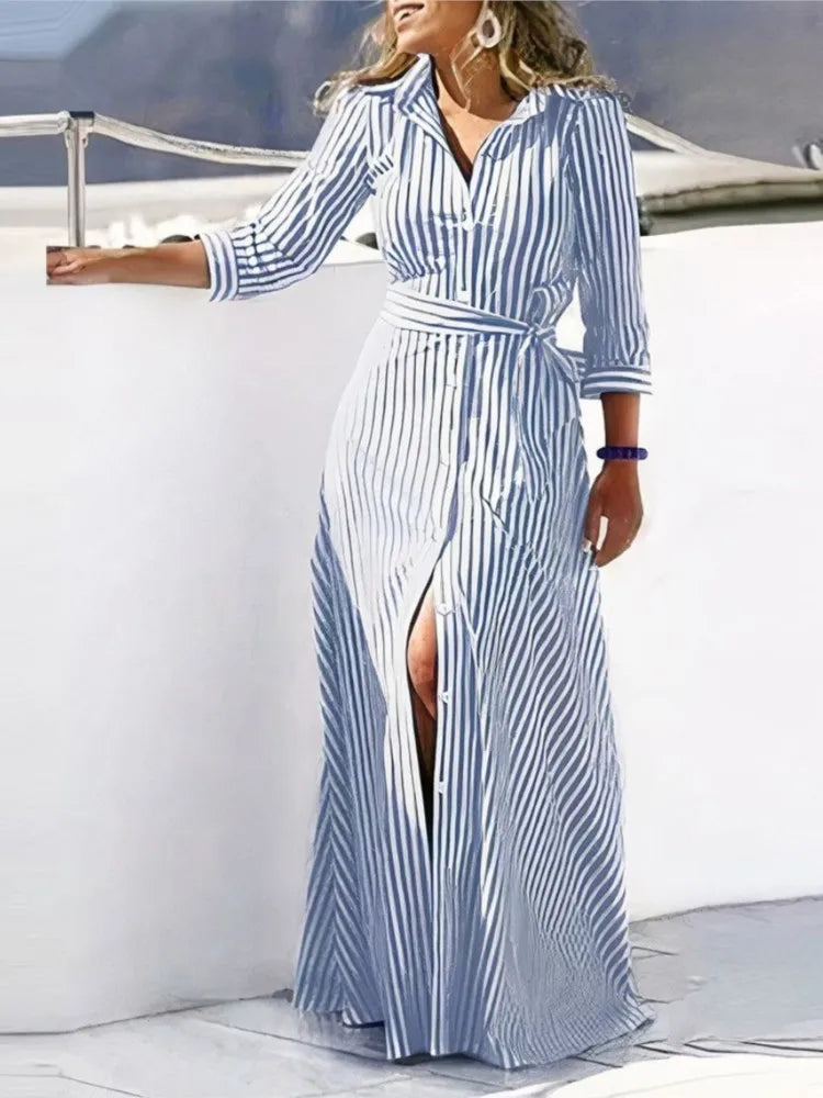 Autumn Lace-up Shirt Dresses Women Elegant Turn Down Collar Button Long Dress Women Fashion Striped Print Party Dress 2023