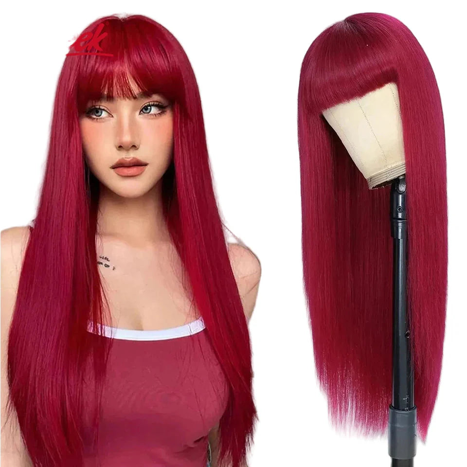 Human Hair Wigs With Bang Brazilian Straight Red Burgundy Human Hair Wigs Brown Color 4# For Black Women None Lace Wigs