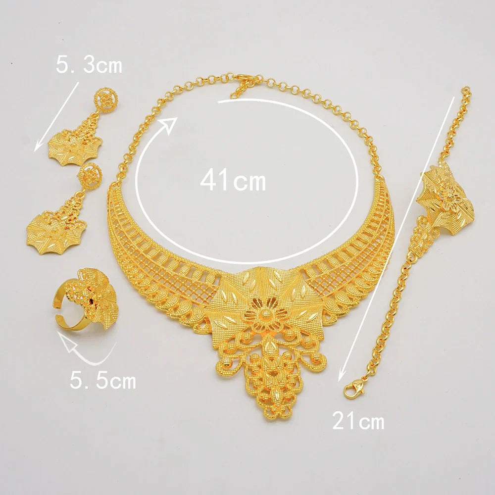 Indian Dubai Gold Color Jewelry Sets For Women Earring & Necklace Nigeria Moroccan Bridal Wedding Party Gifts