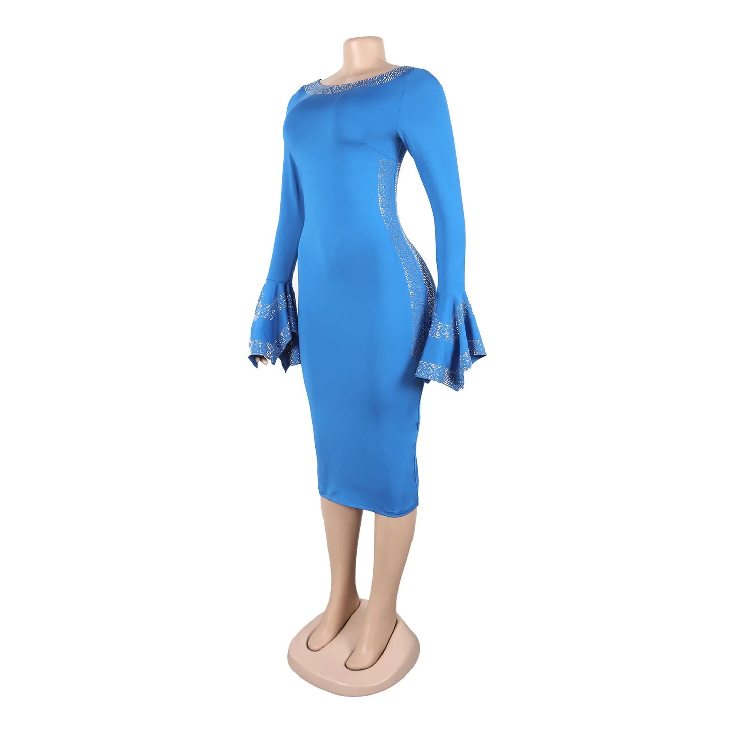 CM.YAYA Women O-neck Elegant Long Flare Sleeve Rhinestones Midi Dress 2025 OL Pencil Streetwear Africa Club Dresses Vestidos