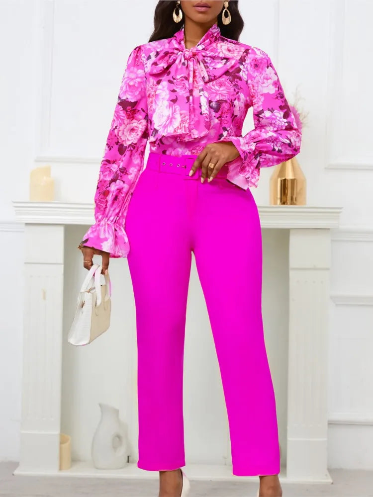 Fashion Print Two Piece Set Women Office Suits Tie Bow Neck Button Shirt + Belt Pencil Pants Elegant Slim Lady Sets Casual shirt