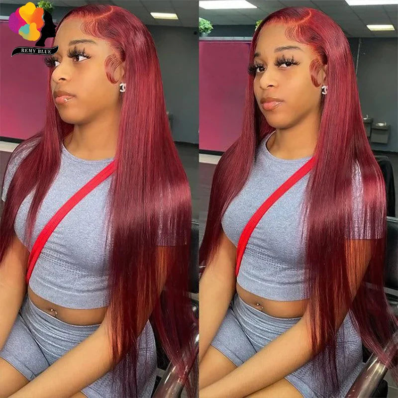 Colored Red Straight Lace Front Human Hair Wig 13x4 13x6 Transparent Lace Frontal Wigs Burgundy Human Hair Wigs for Black Women
