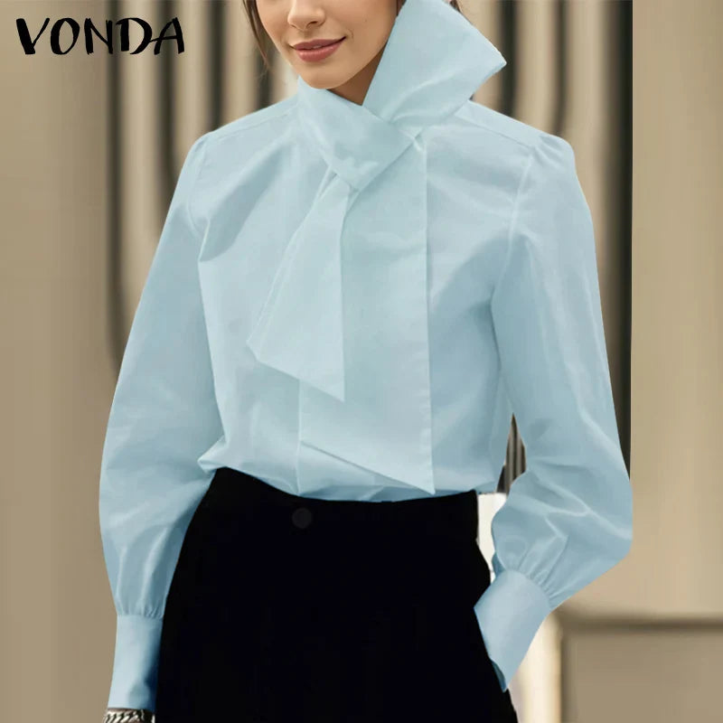 Plus Size 5XL VONDA Elegant Blouses Women Tops Streetwear Solid Color Casual Bow Collar Blusas 2024 Female Long Sleeve Shirts