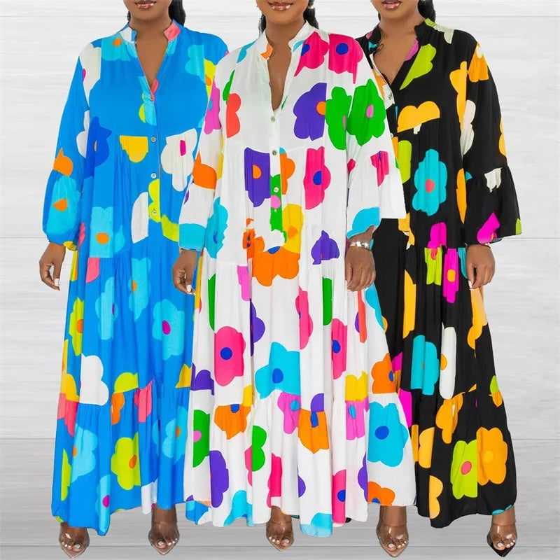 Floral Print Long Sleeve Shirt Dress for Women Spring Autumn Button-up Straight Loose Oversized Casual Long Dresses Vestidos