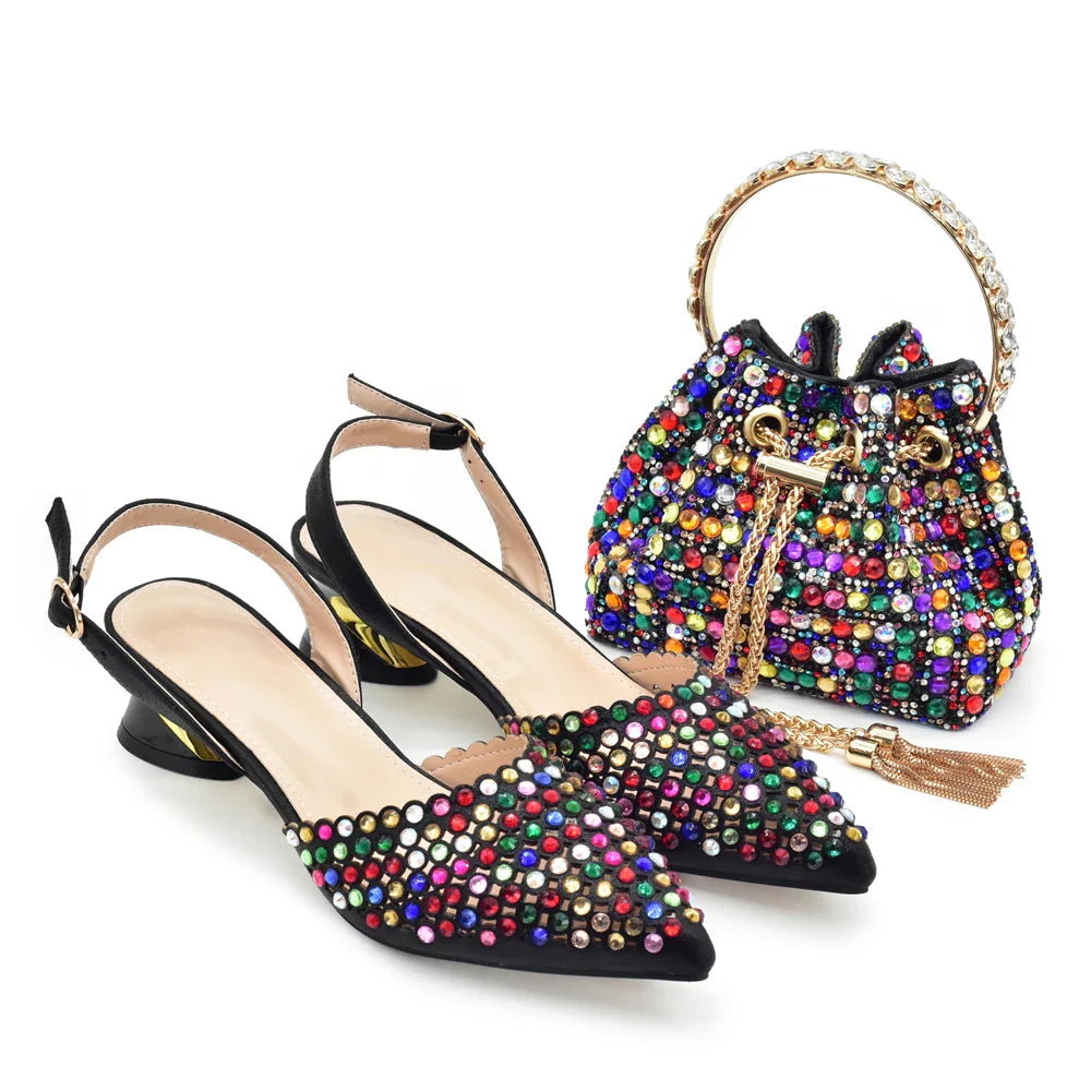 Italian Shoes with Matching Bags Set Decorated with Rhinestone African Shoes for Women Mid Heels Party Pumps  Plus Size Heels 43