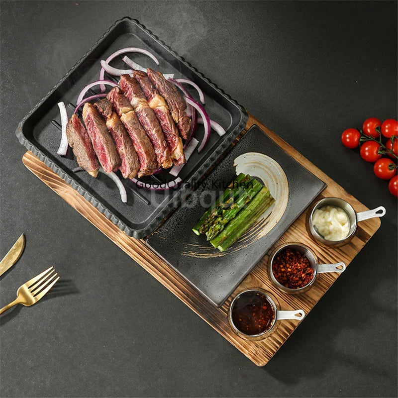 Dining room single and double tableware Cast iron barbecue plate Square alcohol oven baking tray Korean style barbecue stove set