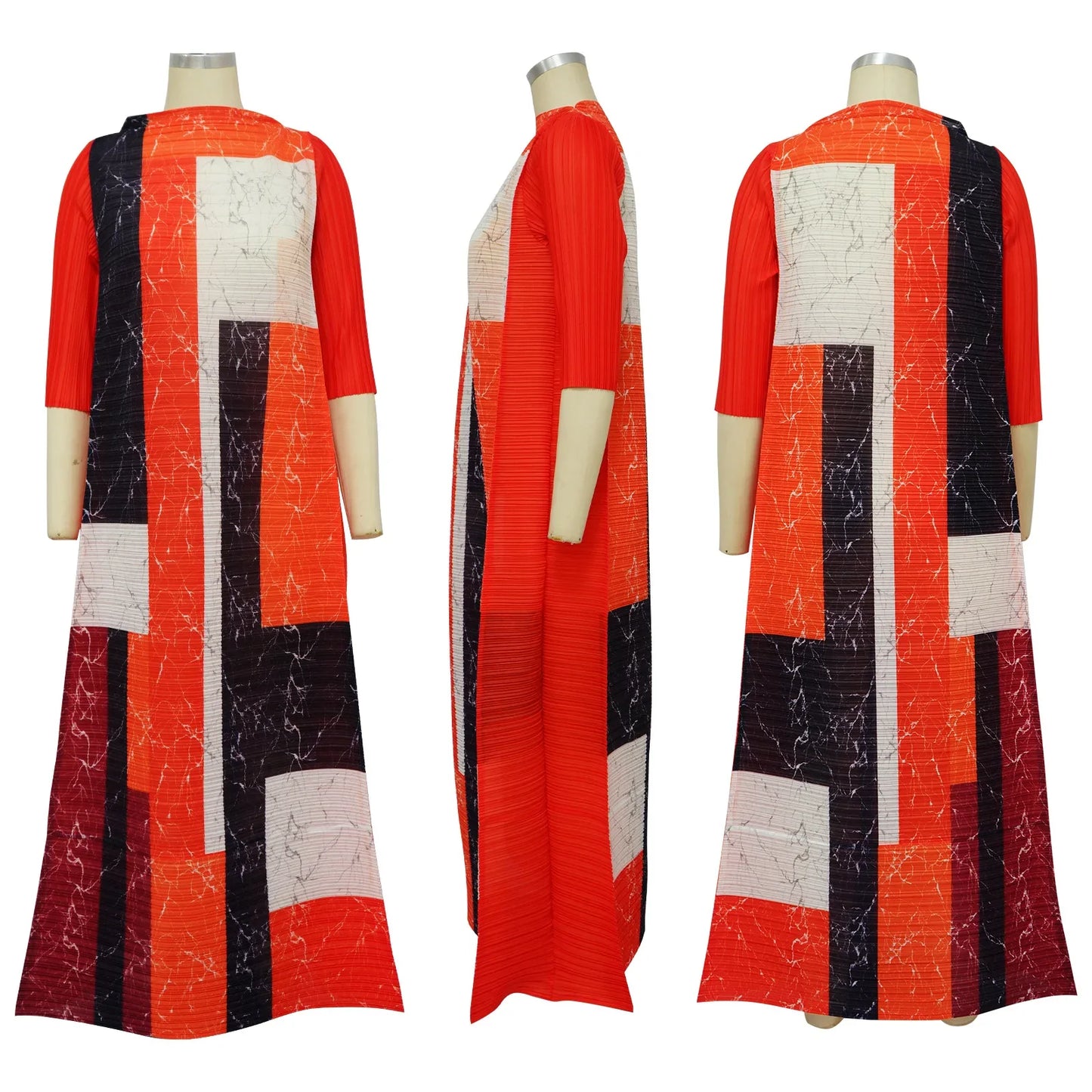 2023 Fashion African 3/4 Sleeve Polyester Plus Size O-Neck Pleated Long Dress Dashiki African Clothes African Dresses for Women