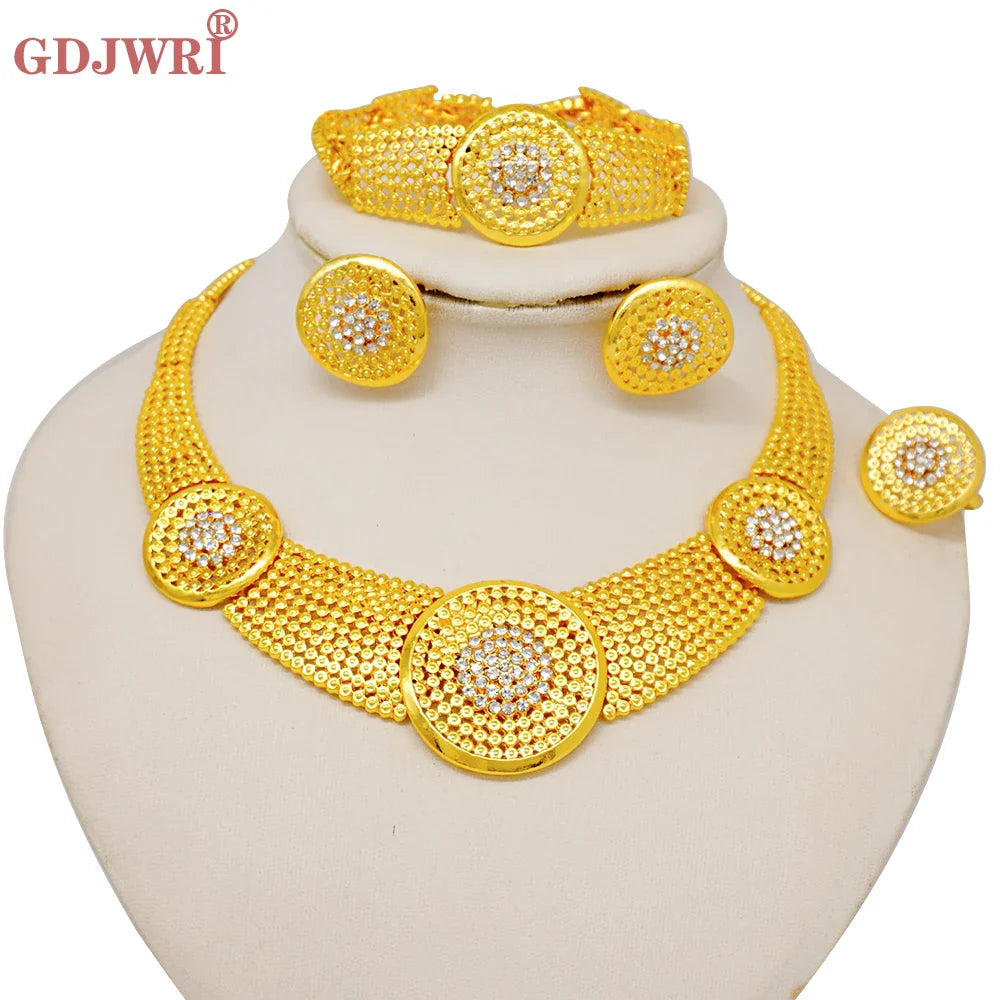 Indian Dubai Gold Color Jewelry Sets For Women Earring & Necklace Nigeria Moroccan Bridal Wedding Party Gifts