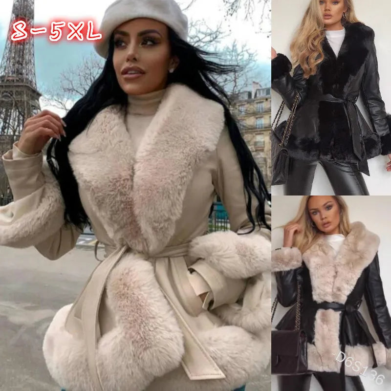 Women's Casual Warm imitation Rabbit Hair Patchwork Leather Jacket