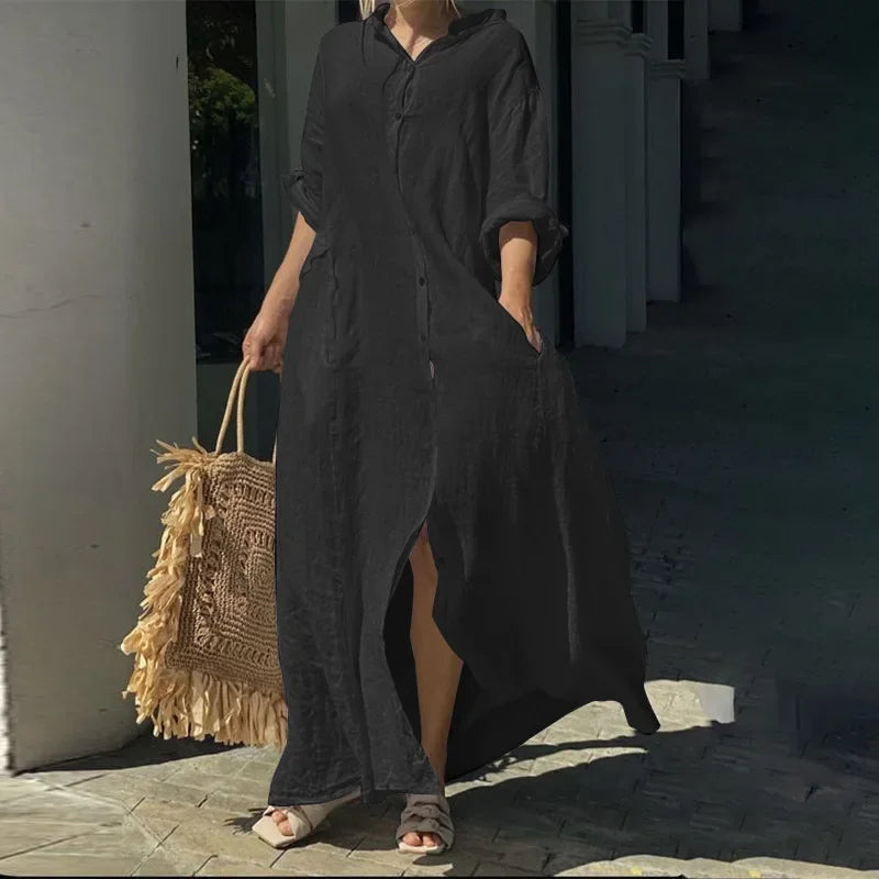 2024 Spring Cotton Linen Oversize Women Dress Long White Button Loose Dresses Female New Casual Trendy Elegant Ladies Clothes