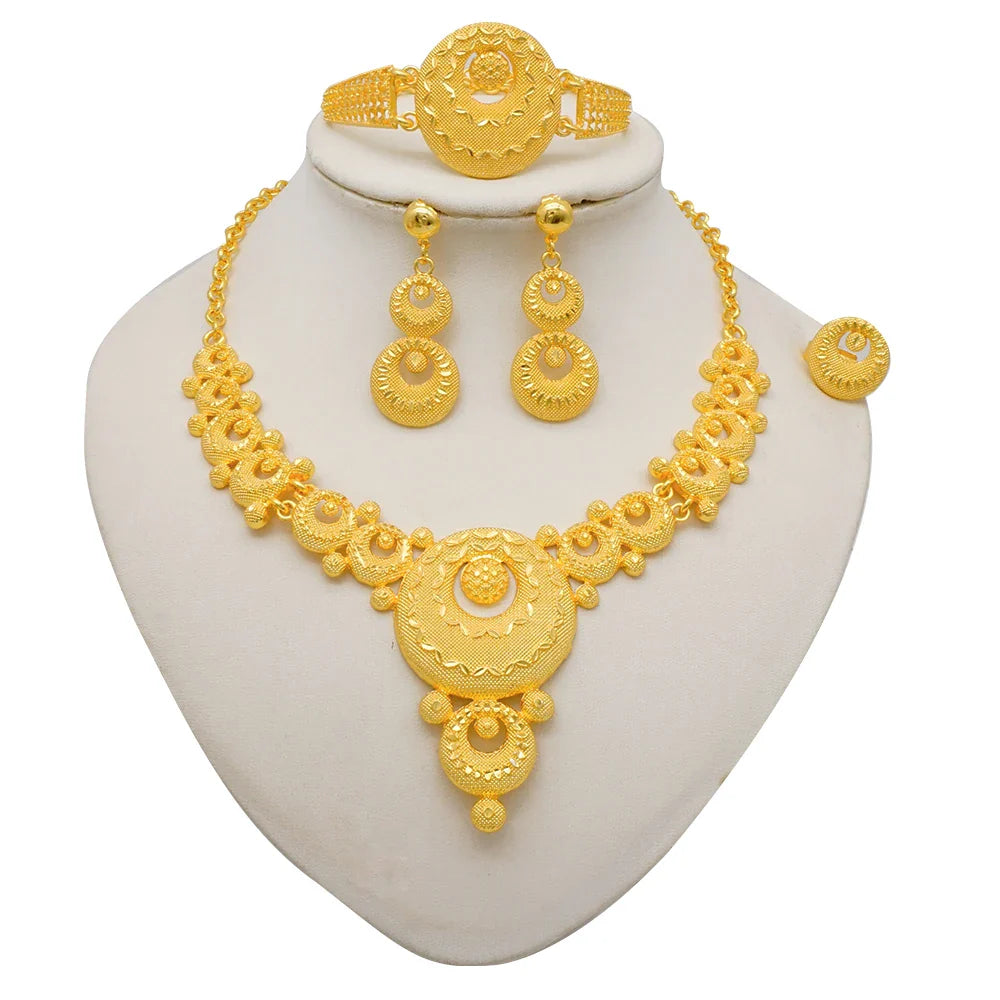 Indian Dubai Gold Color Jewelry Sets For Women Earring & Necklace Nigeria Moroccan Bridal Wedding Party Gifts
