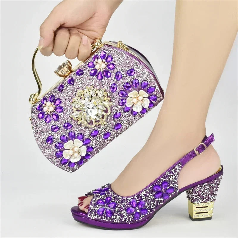 Italian Shoes and Bags Matching Set with Rhinestone Plus Size Shoes Luxury Italian Shoe and Bag Set 2025 Wedding Shoes Bride