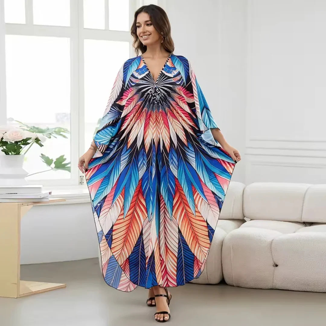 1. Maxi Kaftan Beach Dresses for Women – Artistic Summer Robe with Bold Prints