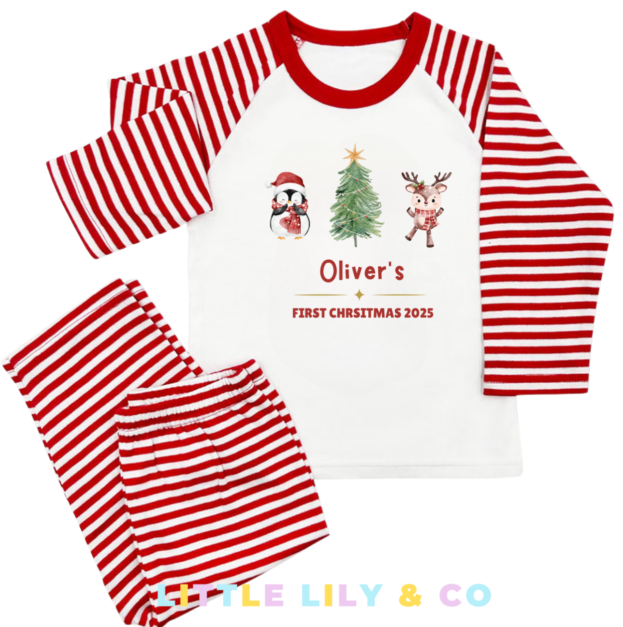 Personalised FIRST CHRISTMAS Children's Pyjamas Red Striped Pyjamas - Bespoke Create Your Own Designs
