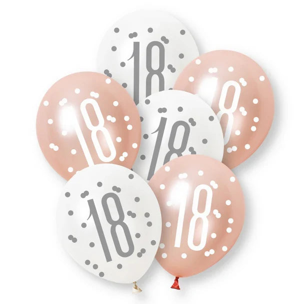 12" GLITZ ROSE GOLD NUMBER 18 ASSORTED PLATINUM & PEARL LATEX (6 PER PACK)