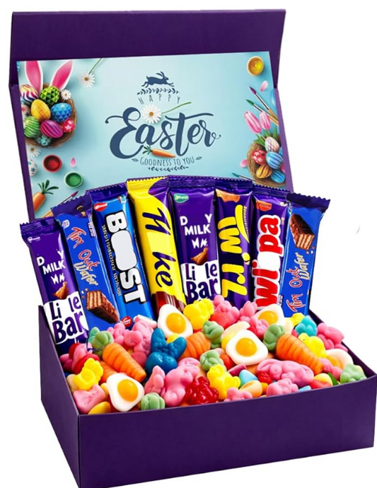 Easter Chocolate Hamper Easter Gift Chocolates Box – 8 Chocolate Bars 300g Easter Sweet Mix in Magnetic Purple Gift Box