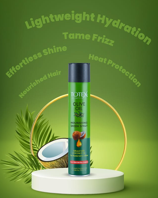 Totex Olive Oil Nourishing Sheen Spray for Intense Shine & Hydration, All Hair Types, 300ml
