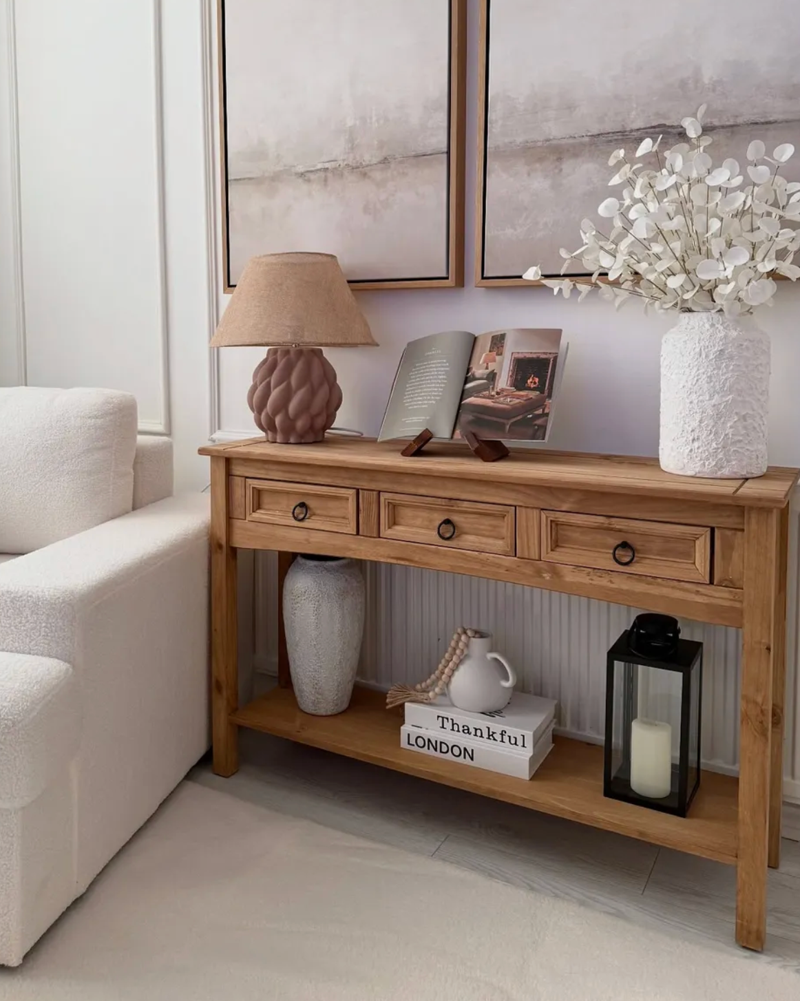 Rustic Wooden Pine Wood Hallway Console Table With 3 Storage Drawers