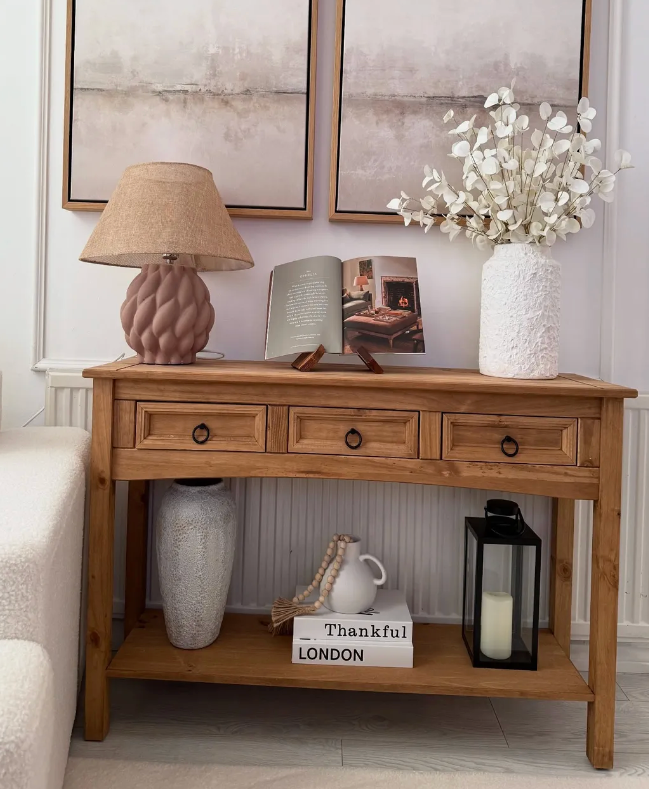 Rustic Wooden Pine Wood Hallway Console Table With 3 Storage Drawers