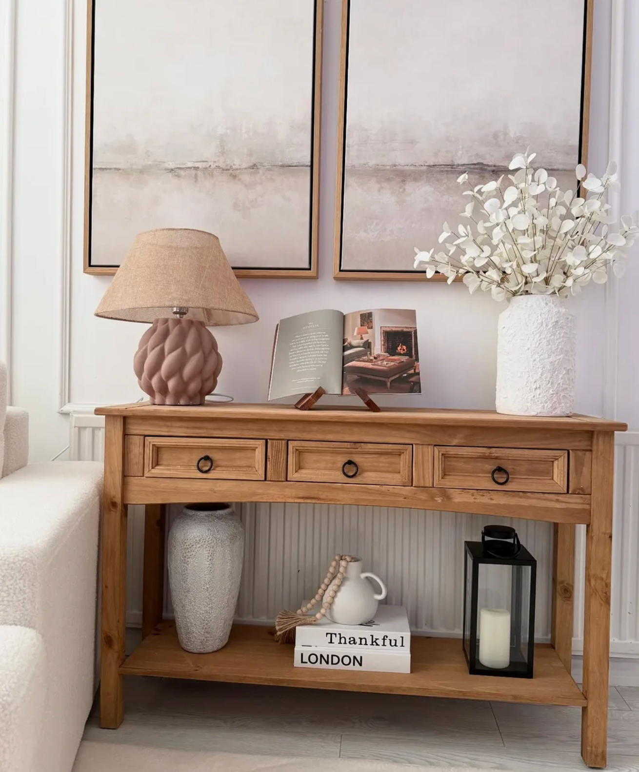 Rustic Wooden Pine Wood Hallway Console Table With 3 Storage Drawers